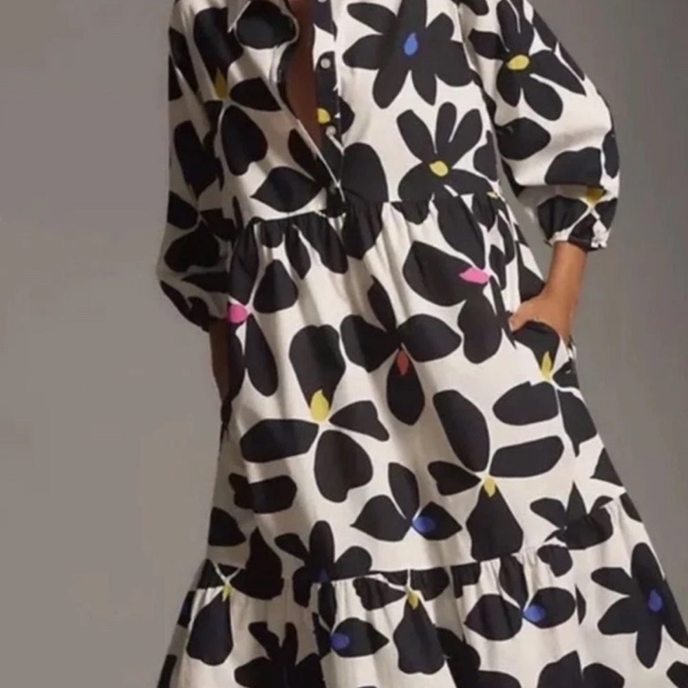 Anthropologie Black and White Floral Midi Dress